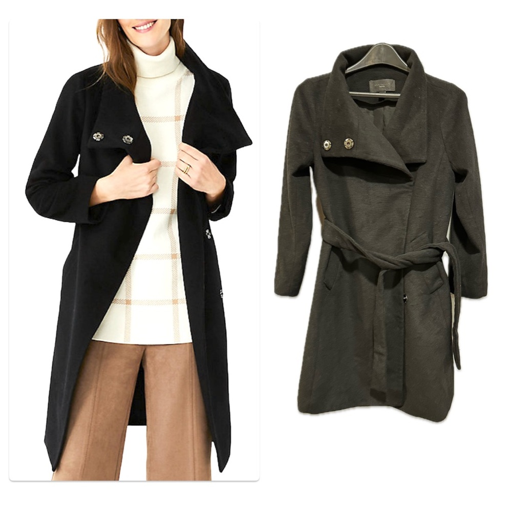 Ann Taylor Black Cowl Neck Wrap Wool Pea Coat